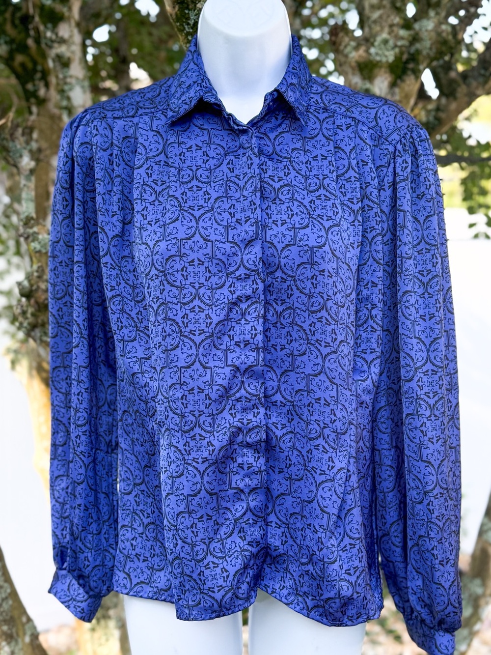 Vintage Natalie Blue Scroll Print Blouse Womens Size 6 Long Sleeve Button Front